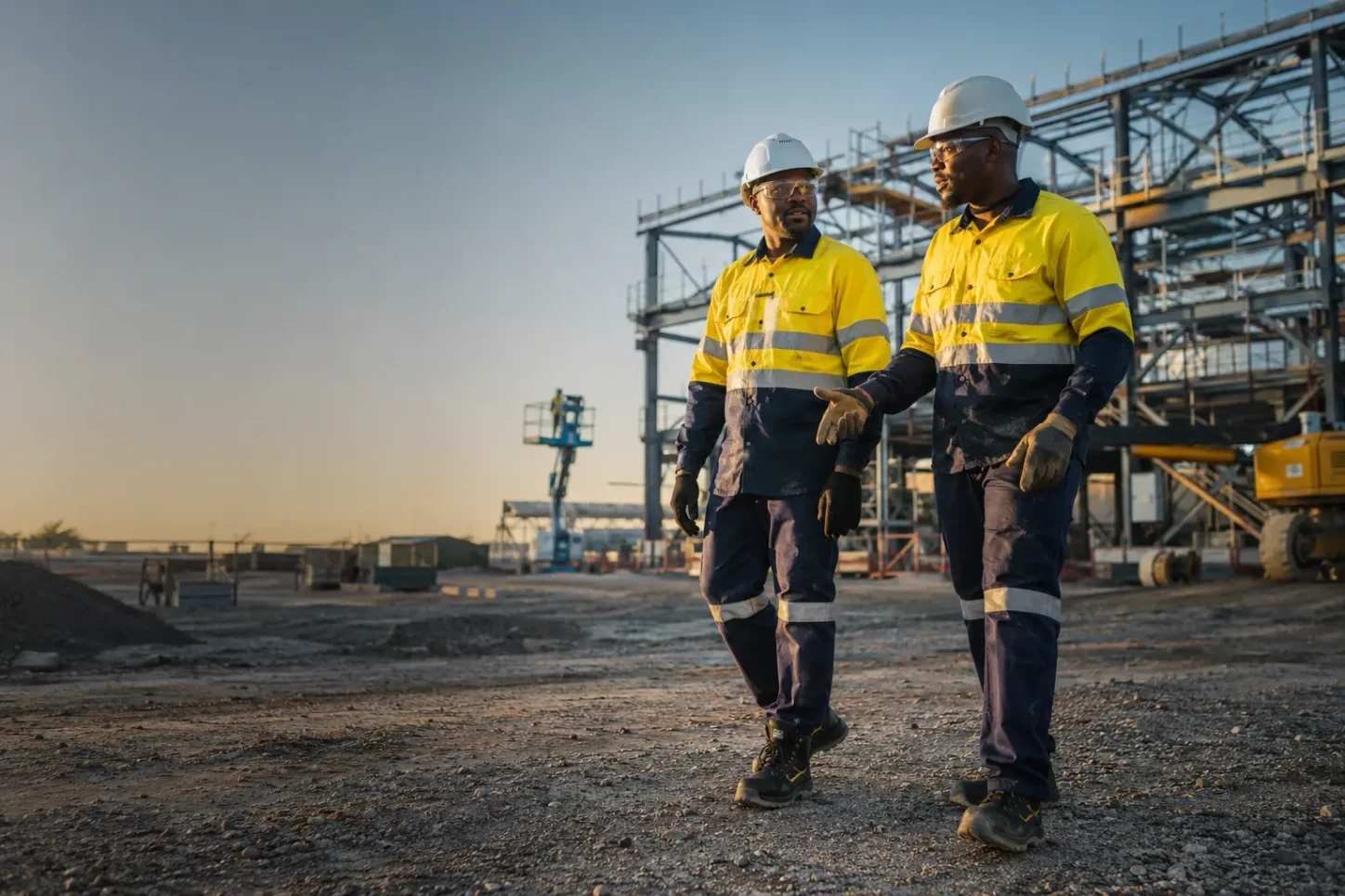 African industrial workers wearing safety footwear and full PPE at a construction site