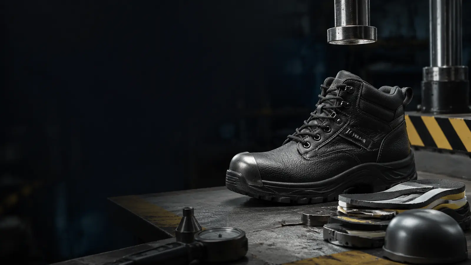 Safety boot positioned on an industrial standards testing bench