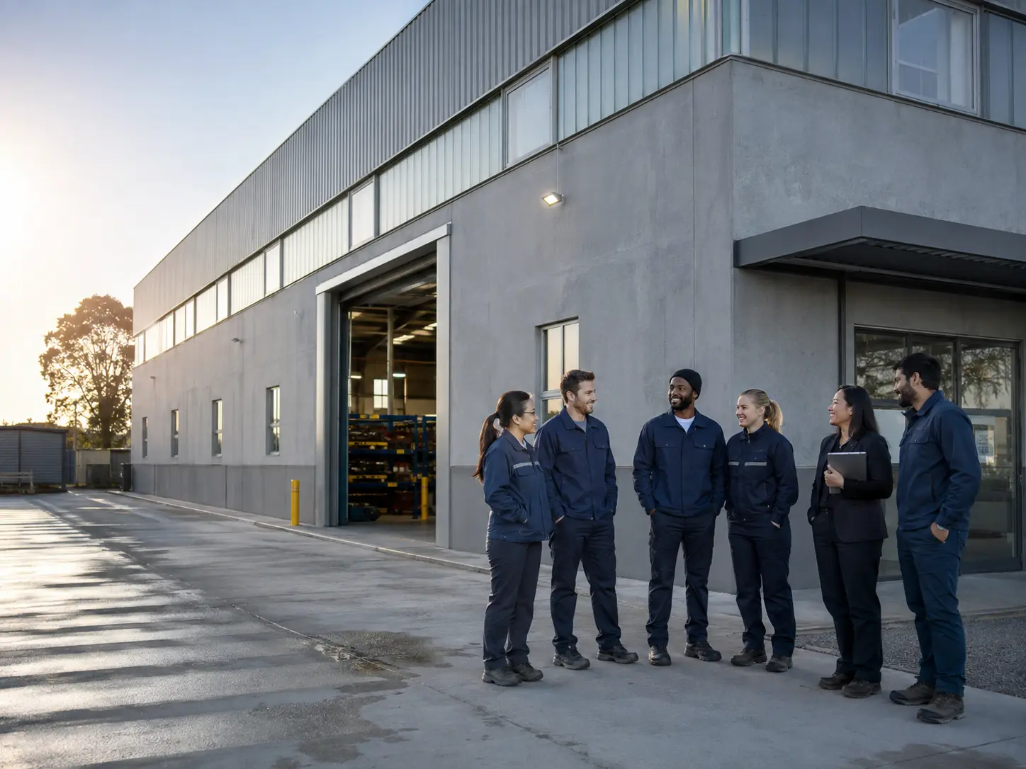 Safety footwear factory exterior with production and export team members