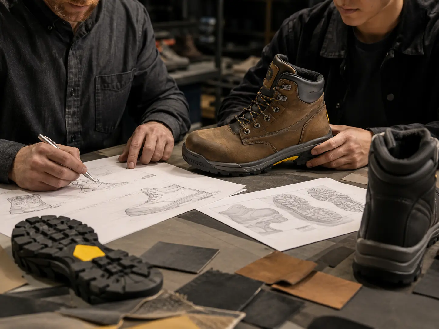 Footwear designer and sample technician developing a safety boot